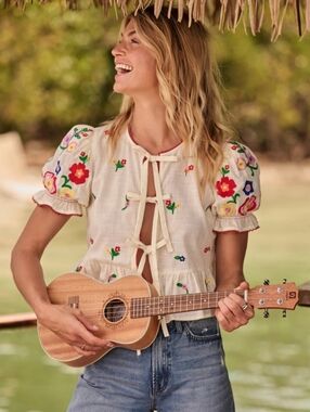 Lalavon Front Tie Embroidered Blouse